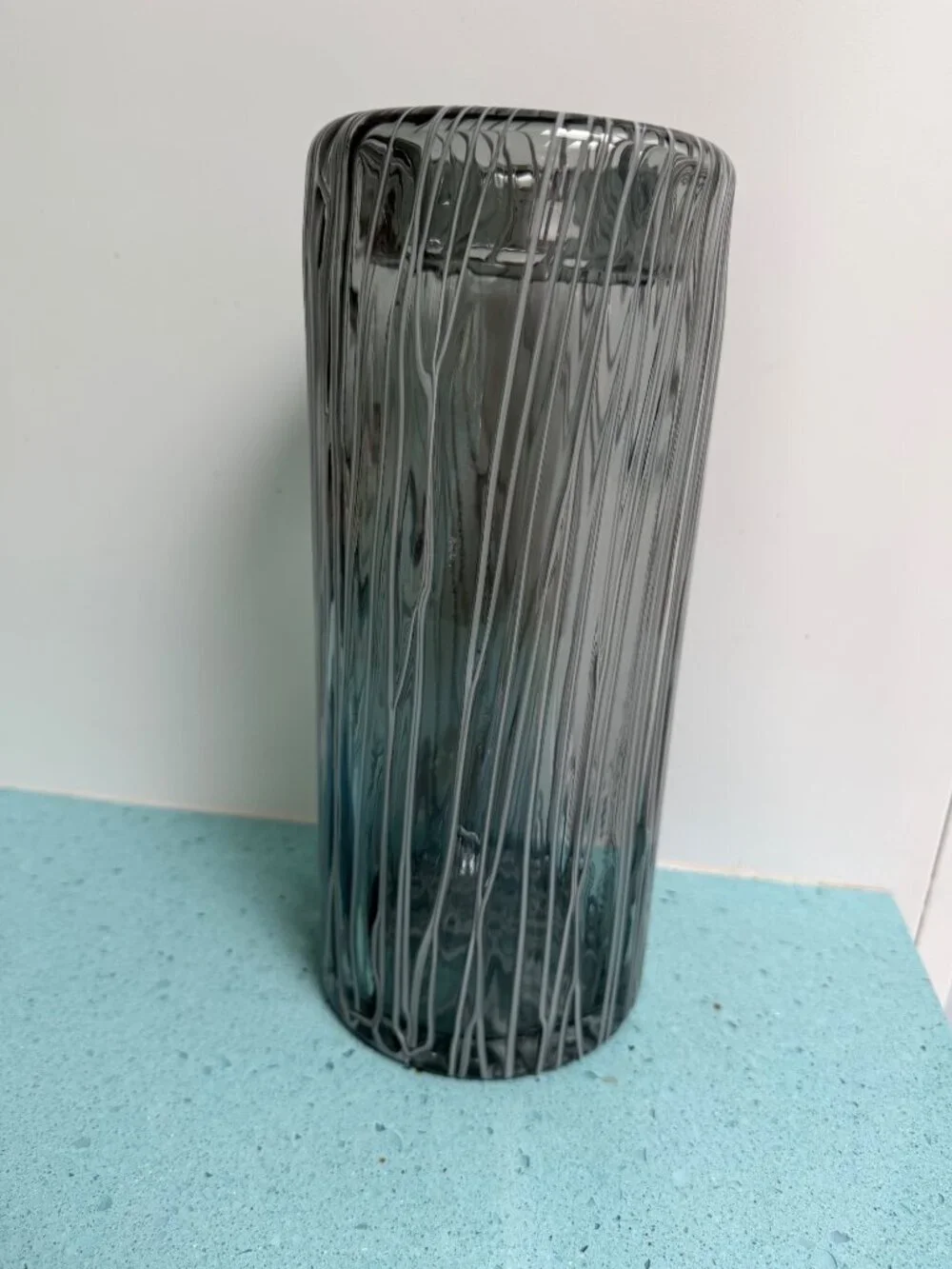 Murano Handblown Translucent Vase With Melted Threads Gray Clear White Vintage